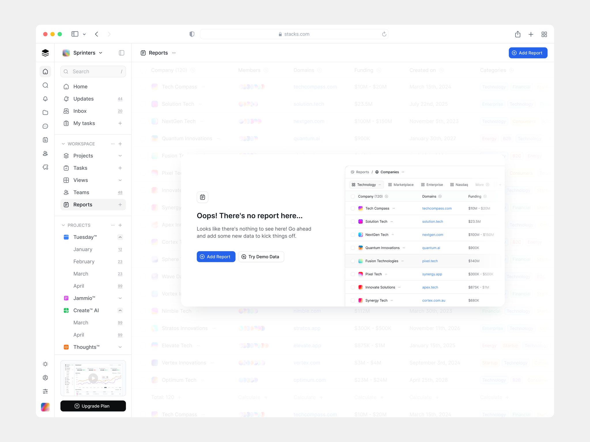 Reports page empty state in a workspace app