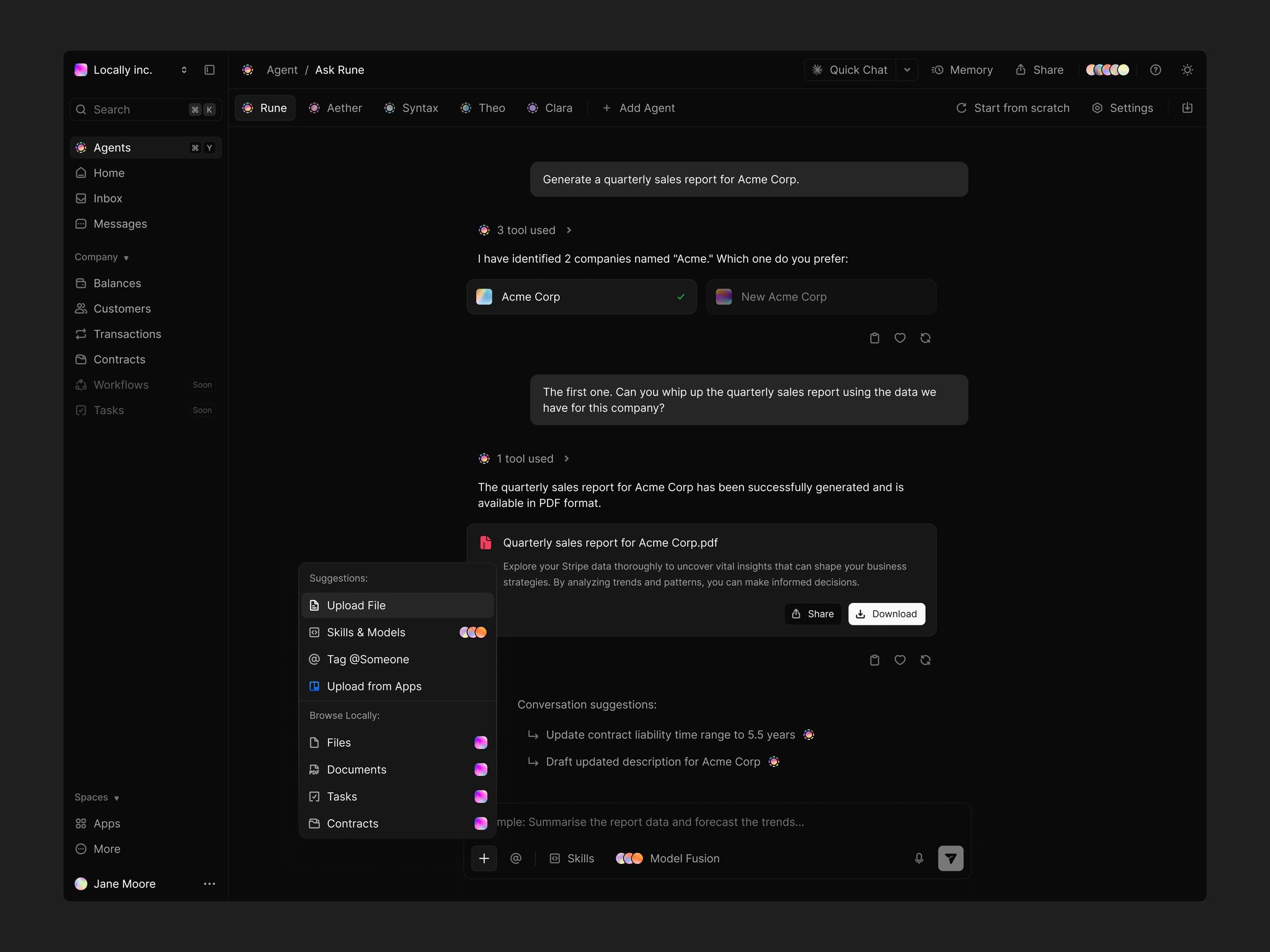 AI agent chat interface in dark mode