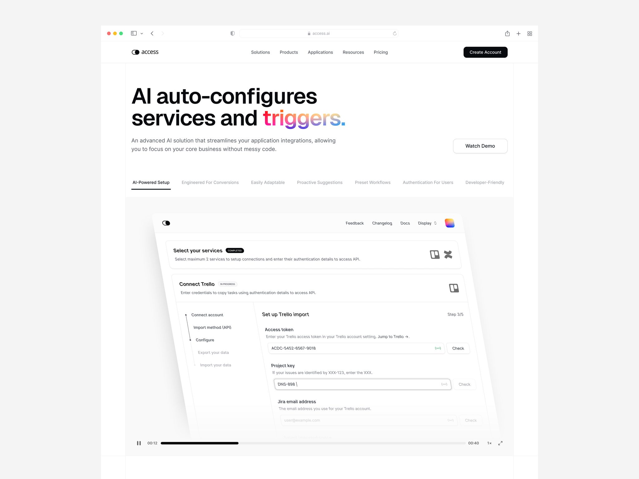 AI integration landing page hero with a product demo video
