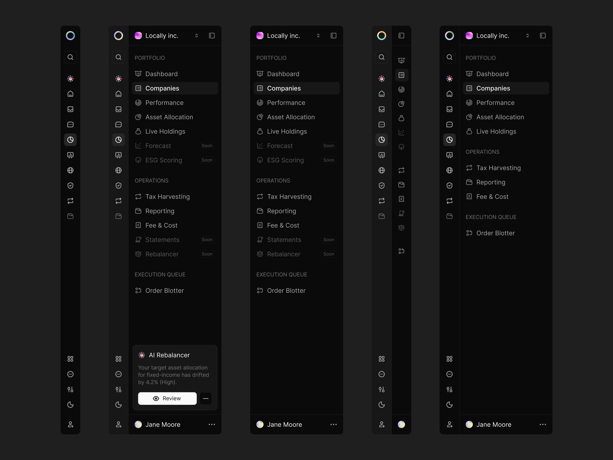 Dark sidebar navigation variations for a portfolio app