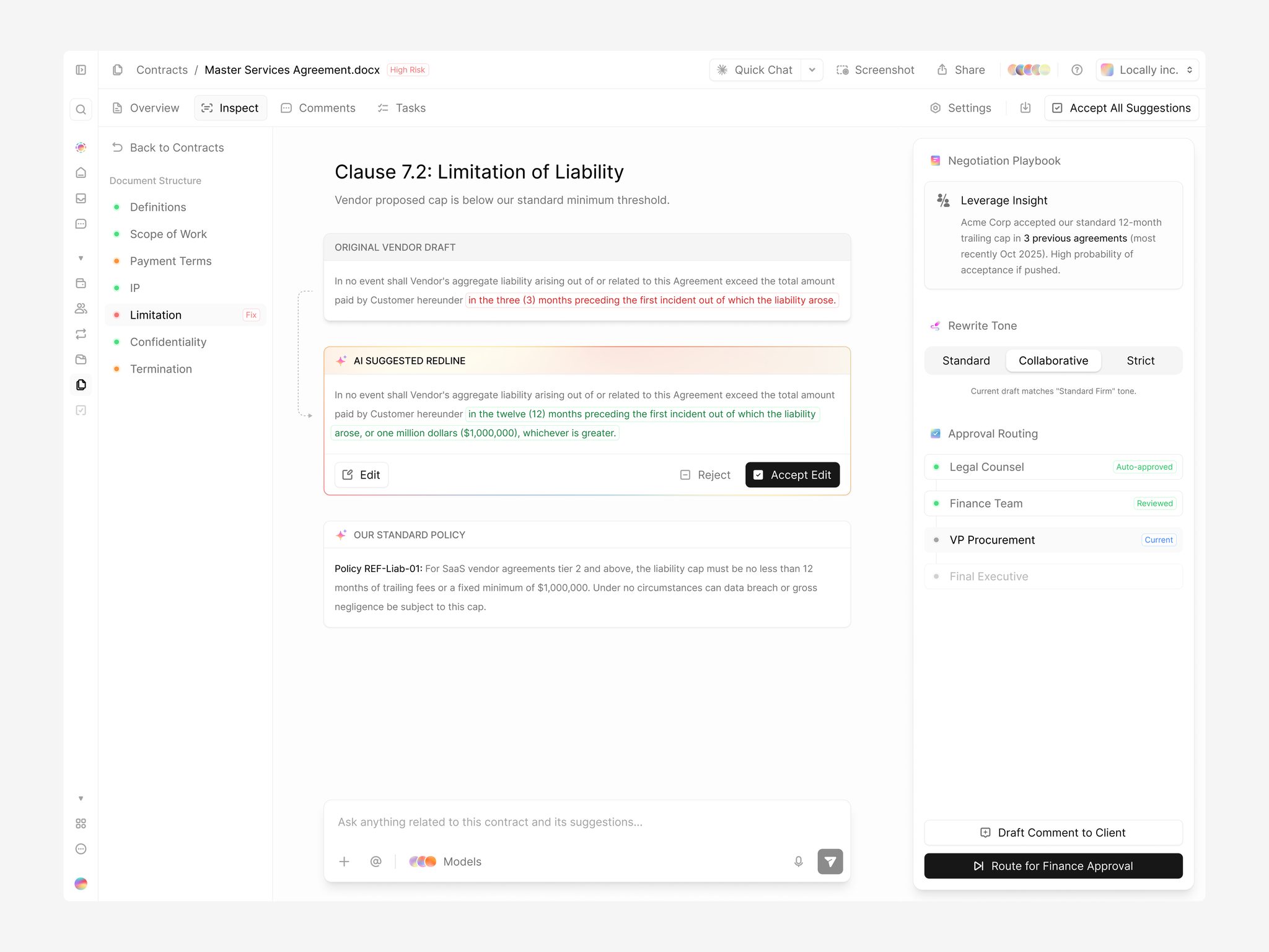 Contract review screen with an AI suggested redline