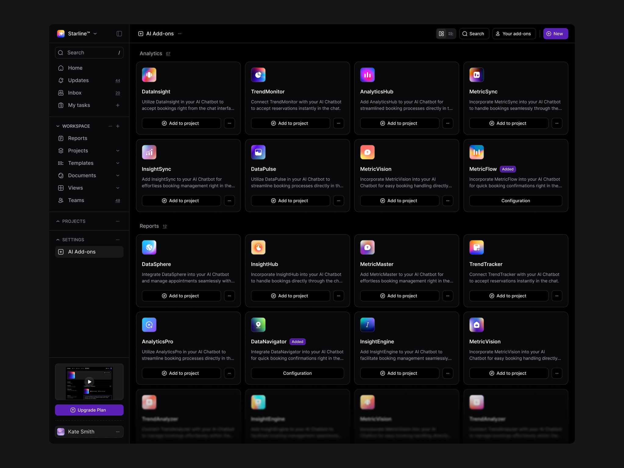 Dark AI add-ons library with app cards grouped by category