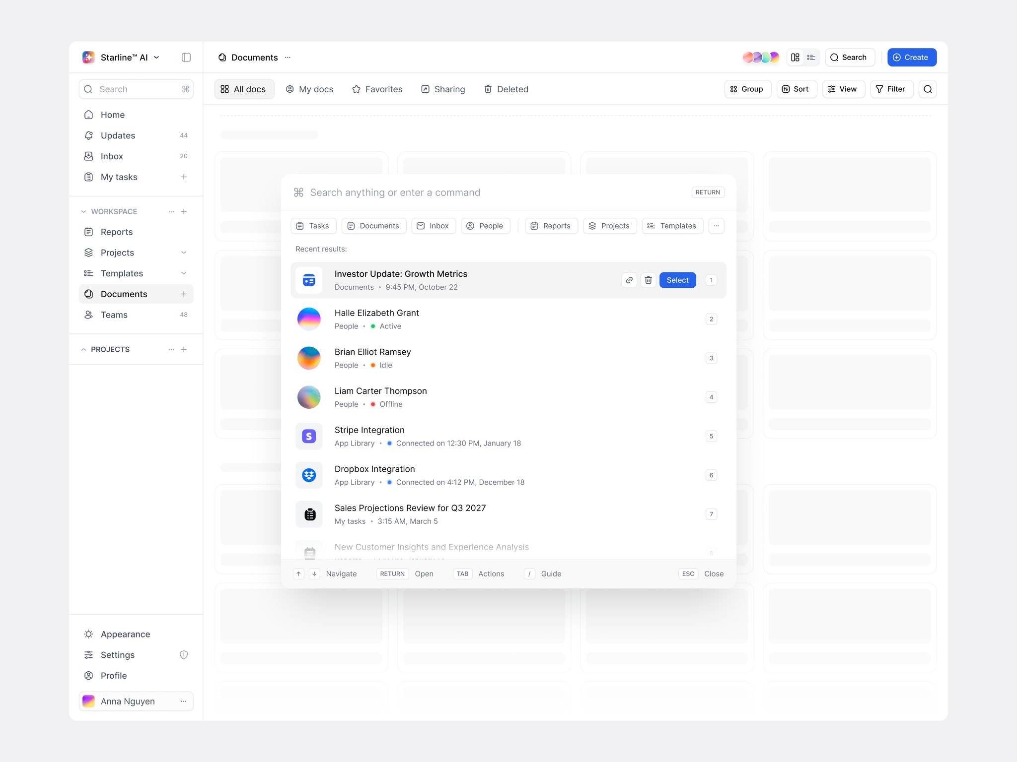 Command palette search over a documents page