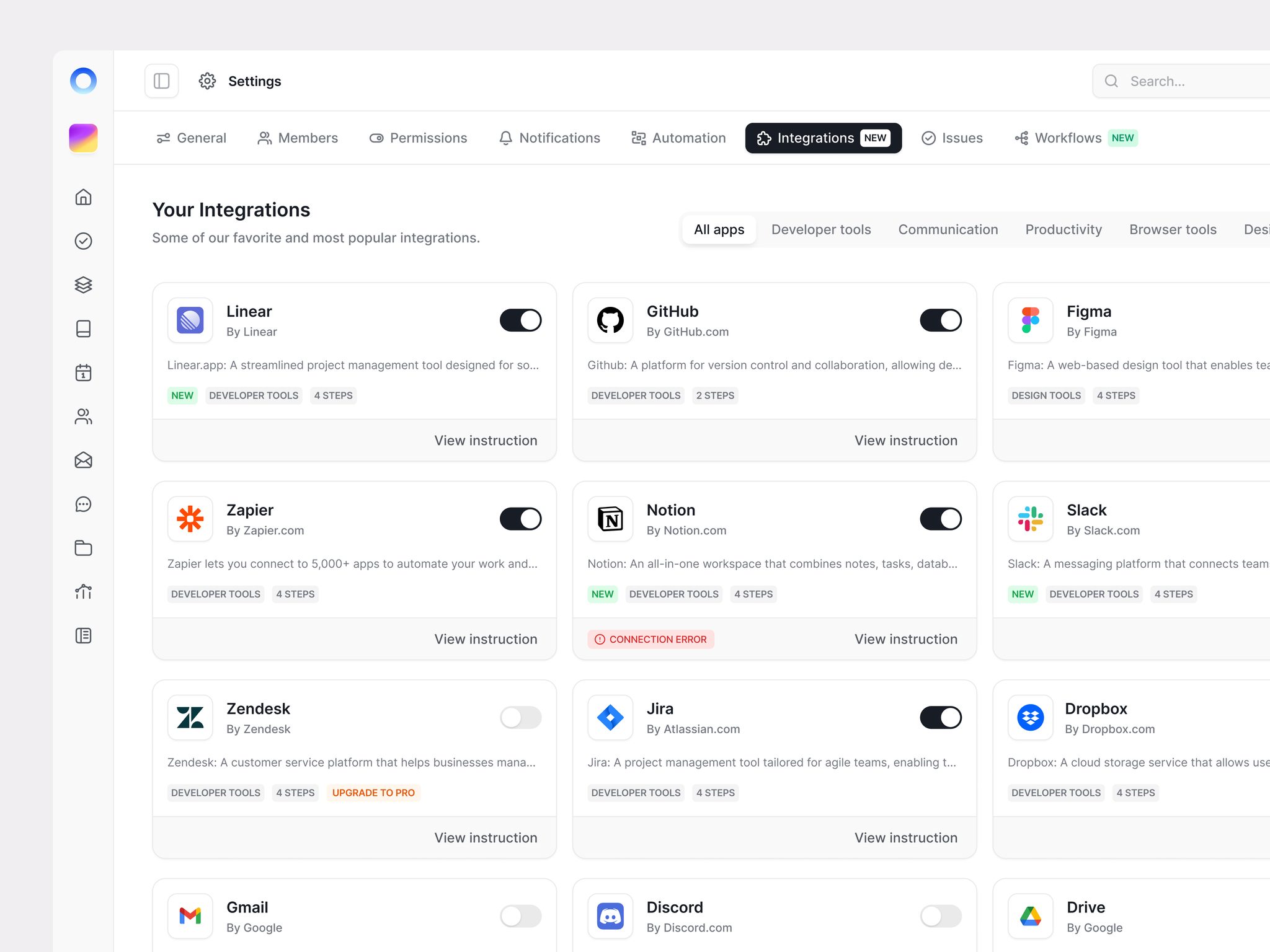 Close-up of integration cards with on and off toggles