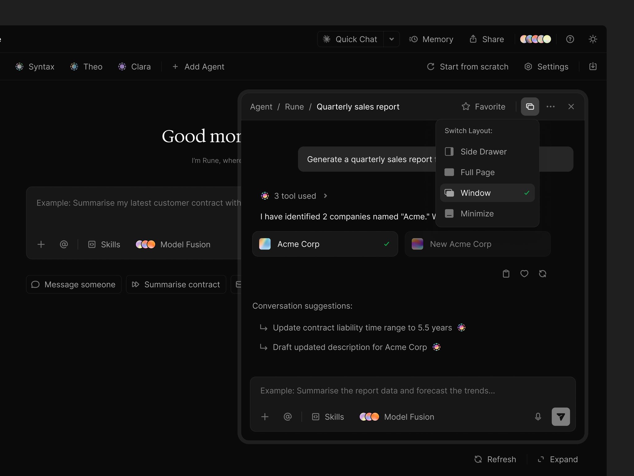 Close-up of an AI chat window layout switcher in dark mode