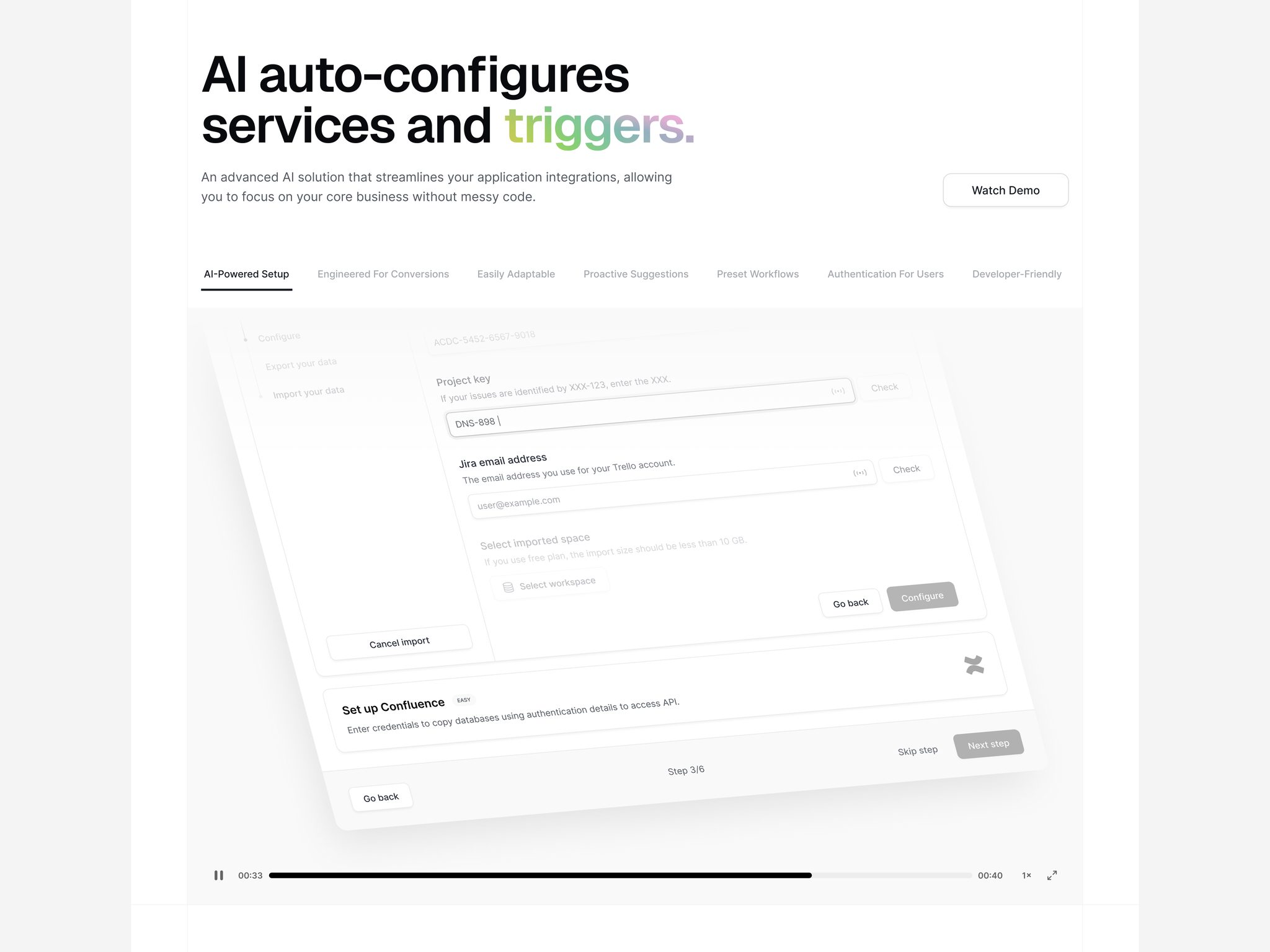 AI integration landing page with a tilted setup flow demo
