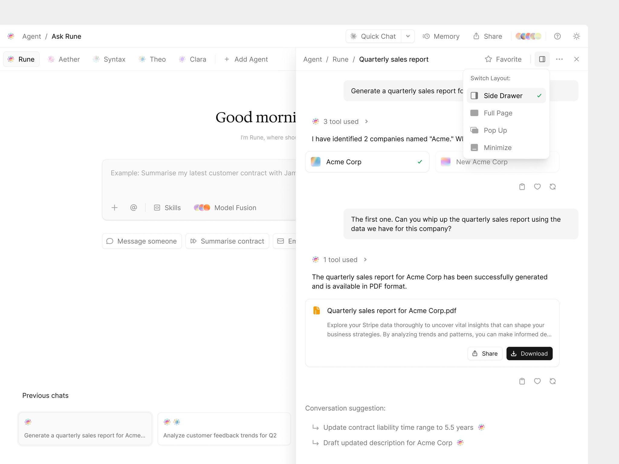 AI chat in side drawer mode with a layout switcher